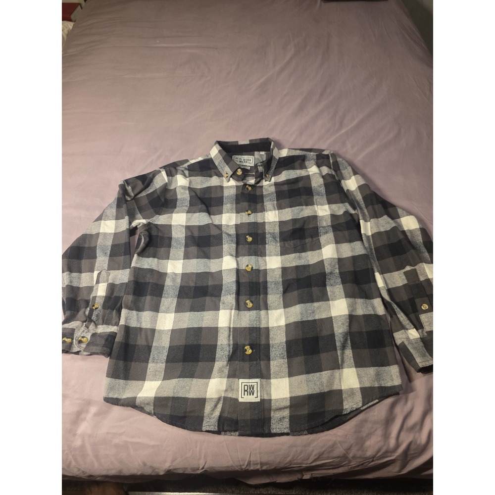 Men's Real Work Wear Flannel Button Down Shirt Black Gray Plaid Size S